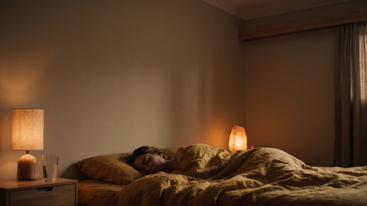 A person sleeping under a mustard-yellow quilted duvet on a bed in a dimly lit bedroom, with a lit bedside lamp on the left and a glowing salt lamp on the right.